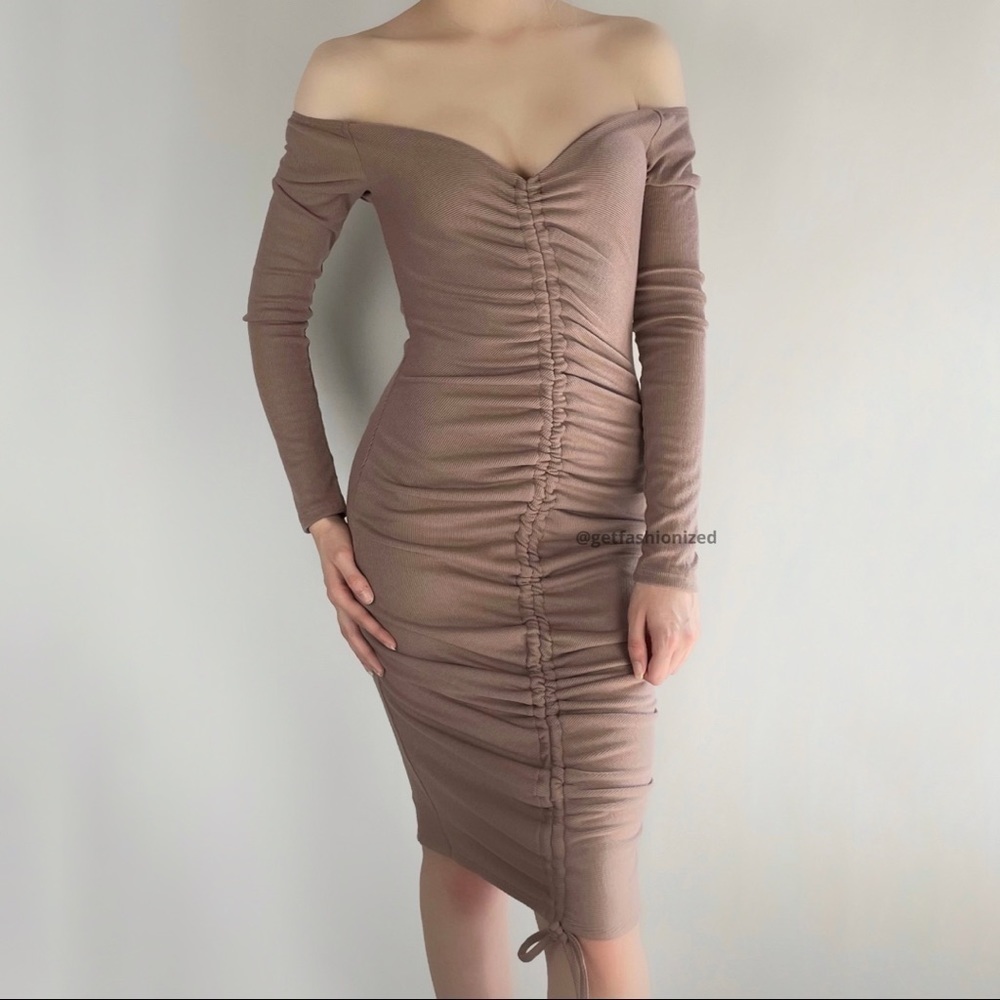 𝅺new Rushed Off The Shoulder Dress Pink - Picture 3 of 3